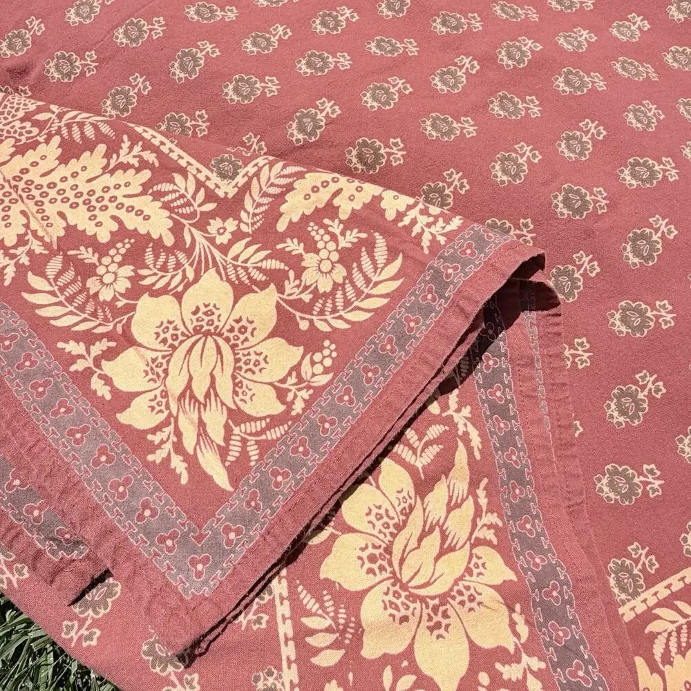 Williams Sonoma Provence Brick Red Gold Floral Cotton Tablecloth 70x84
